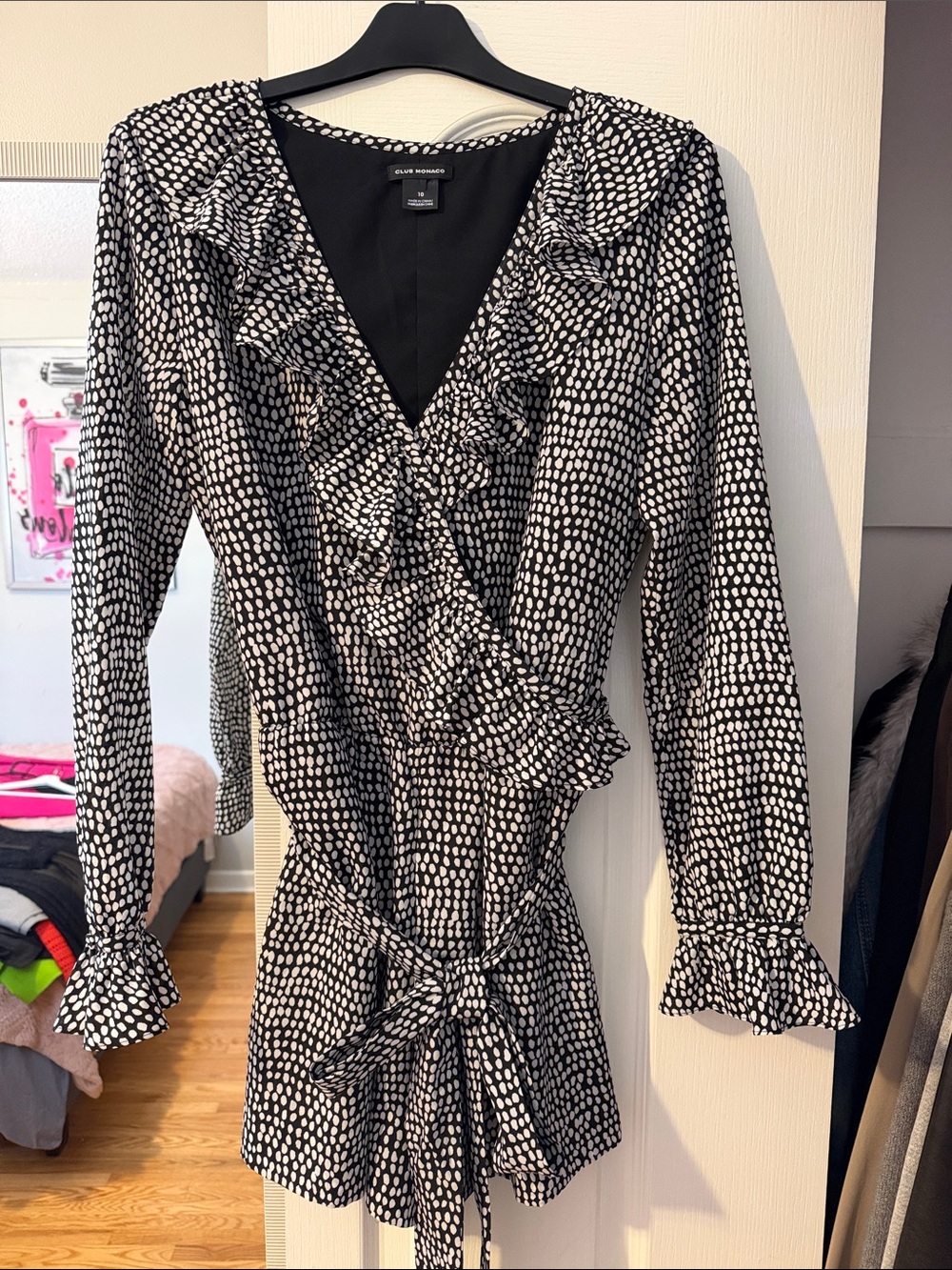 Club Monaco Black & White Dot Ruffle Wrap Long-Sleeve romper playsuit